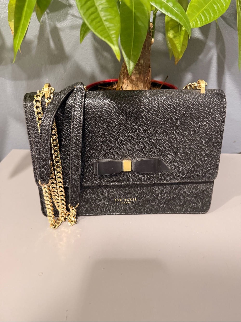 Ted Baker Black Pebbled Leather Bow Crossbody with Gold Chain